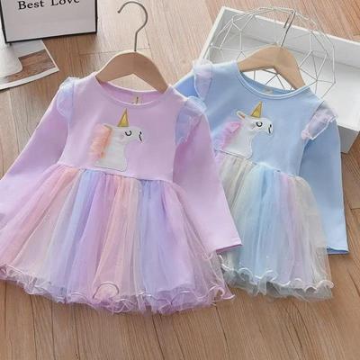2025 Autumn Long Sleeve Elsa Princess Unicorn Embroidered Dress for Girls
