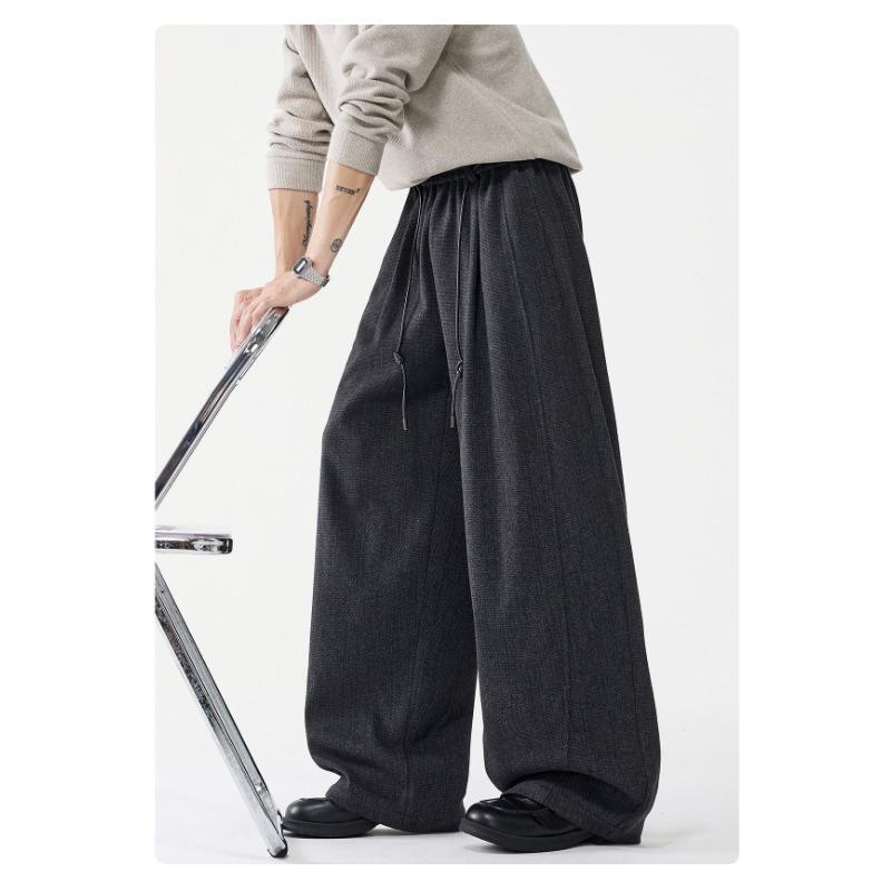 Mens Loose Retro Casual Drooping Straight Long Imitation Wool Trousers