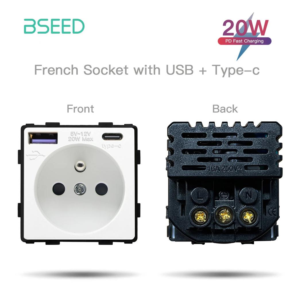 BSEED French Wall Socket Plug Without Frame Function Parts USB Socket Type-c AC Ports Fast Charging DIY Parts Free Combination
