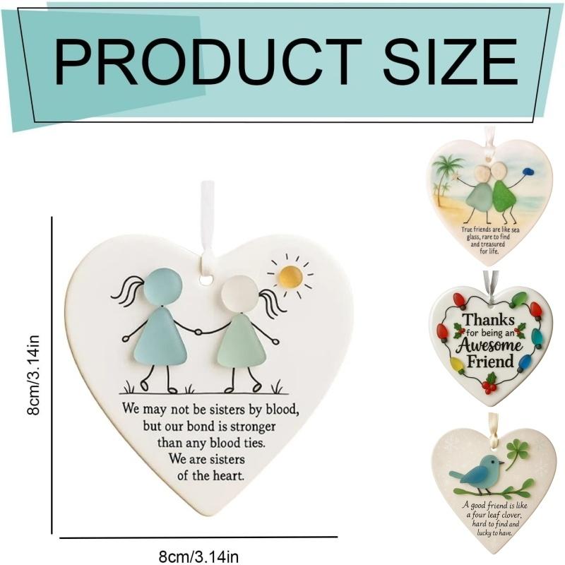 1pc True Friendship Sea Glass Ornament,Shine Like Heart Shaped Sea Glass Friendship Keepsake for Christmas Tree Hanging Ornament