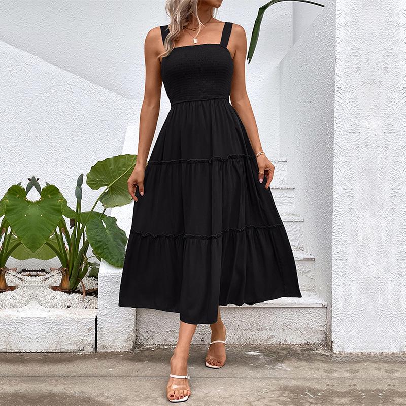 Casual European/American Spaghetti Strap Square Neck Waist-cinching Summer Dress L
