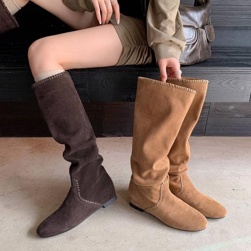 Nové dámské kožené boty jednobarevné kulatá špička nízký podpatek velká velikost dámské boty rukáv pravá kůže módní boty podzim a zima hovězí kůže