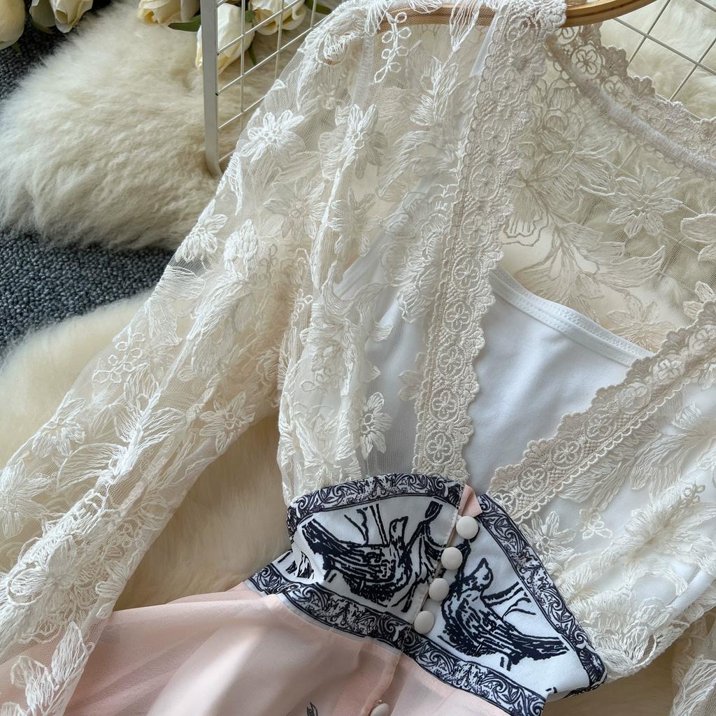 Frühling Herbst Frauen Elegante Spitze Flare Ärmel Tiefem V-Ausschnitt Print Lange Maxi Urlaub Party Kleider