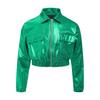 Unisex Kids Metallic Shiny Jacket Turn Down Collar Long Sleeves Flap Pockets Dance Coat