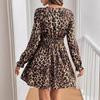 French Women Retro Style V Neck Leopard Long Sleeve Lace Patchwork Long Sleeve Dress Mature Style French Retro Slim Sexy Elegant Women Maxi Dress
