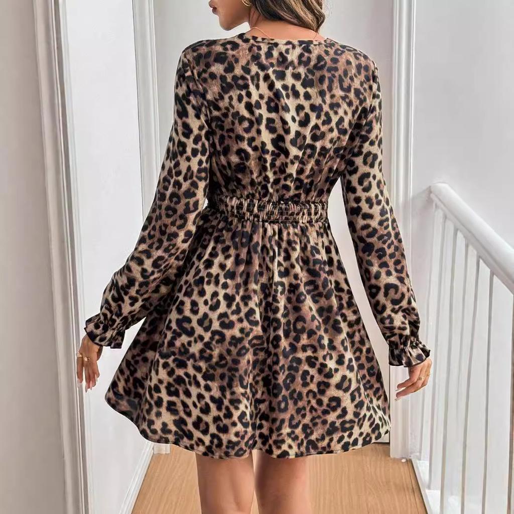 French Women Retro Style V Neck Leopard Long Sleeve Lace Patchwork Long Sleeve Dress Mature Style French Retro Slim Sexy Elegant Women Maxi Dress