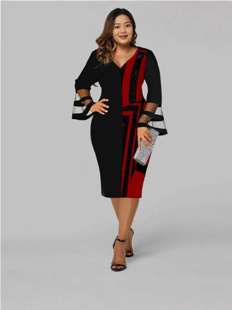 2024 Plus Size Mesh Splicing Long Sleeve Bodycon Dress for Women
