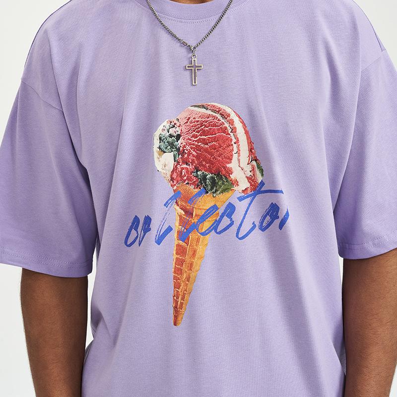 New Summer Pure Cotton Round Neck Men's Cartoon Ice Cream Harajuku Short-sleeved T-shirt Chinese Style Loose