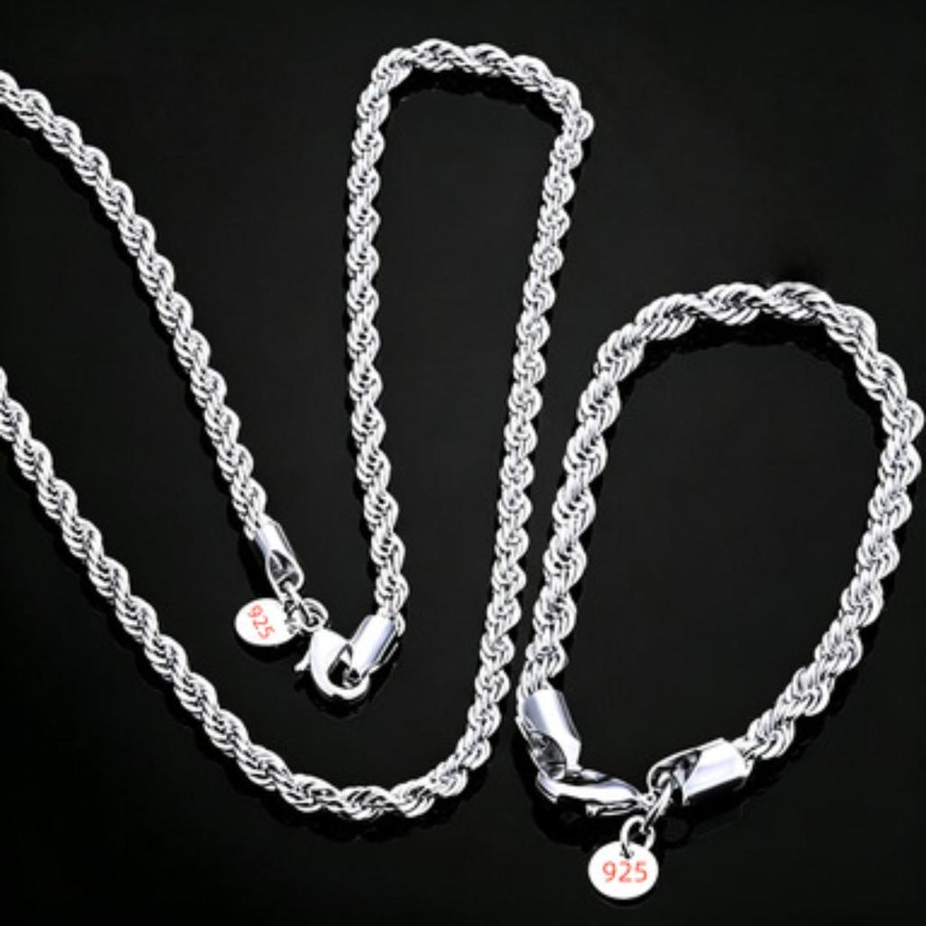 4MM Silver Plated Twisted Rope Jewelry Set, Minimalist Twist Chain Necklace & Bracelet Unisex Layering Daily Accessory