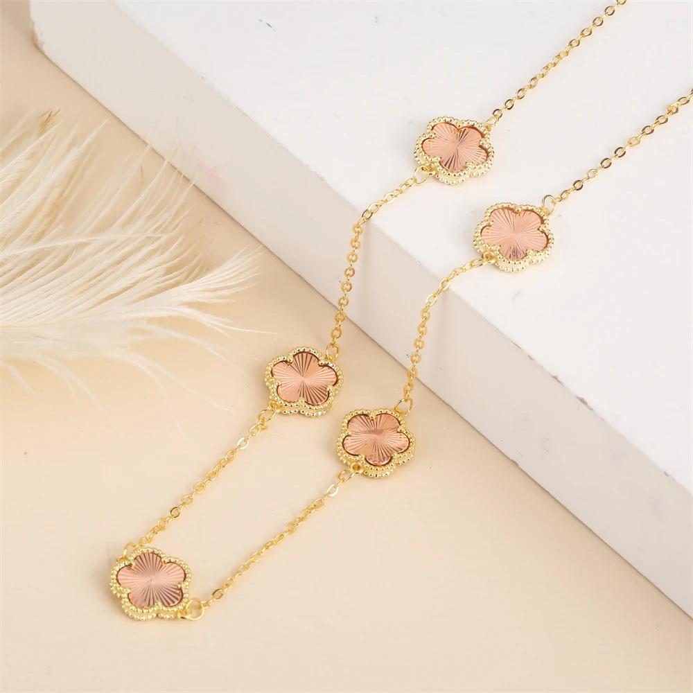 2024 Hot Sale 10 Colors Five-Leaf Flower Set Bracelet Necklace Classic Simple Women Zircon Set Suitable For Daily Party Wear