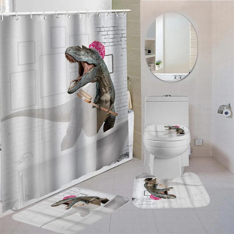 Dinosaur Bathroom Waterproof Shower Curtain Sets With Non-Slip Mat Rug Durable Bath Carpet Lid Toilet Cover Door Mats Bathing