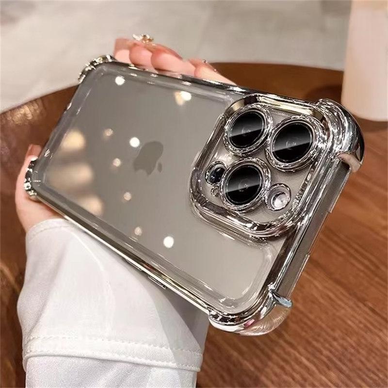 Luxury Plating Airbag Soft Silicone Case for iPhone 16 Pro Max 11 12 13 14 15 Pro Xs Max X Xr 16 Plus Glass Lens Protector Cover