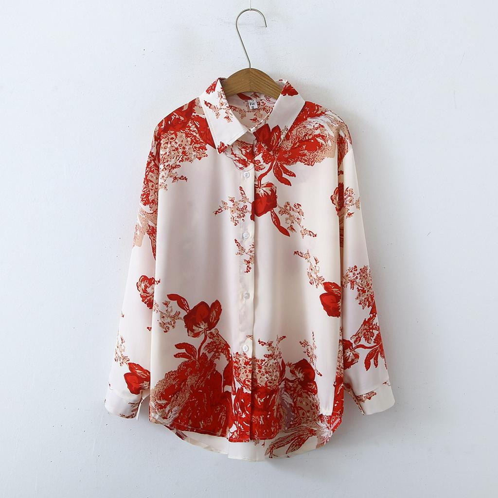 Autumn Retro Simple Printed Long-sleeved Satin Shirt Women
