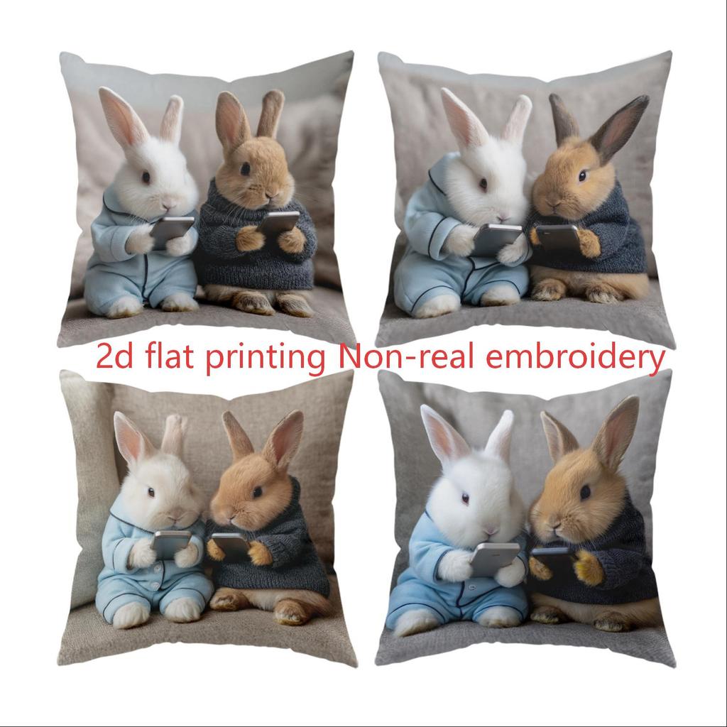 4 Pack Easter Pillow Covers Cute Rabbit Theme Cushion Covers, Adding Cuteness to Cozy Home, Suitable for Bedroom or Living Room
