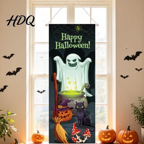 Entrance Door Decorations Halloween Flag Banner Backdrop, Spooky Pumpkin Witch Ghost Hanging Easy Home Decor Background Decoration for Indoor Outdoor