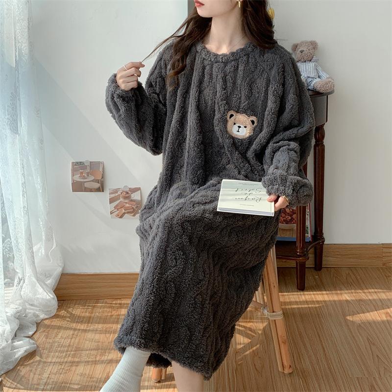 Pajamas for Women In Autumn and Winter Flannel Plus Velvet Long Sleeve Princess Style Loose Jacquard Coral Velvet Warm Home Clothing Set
