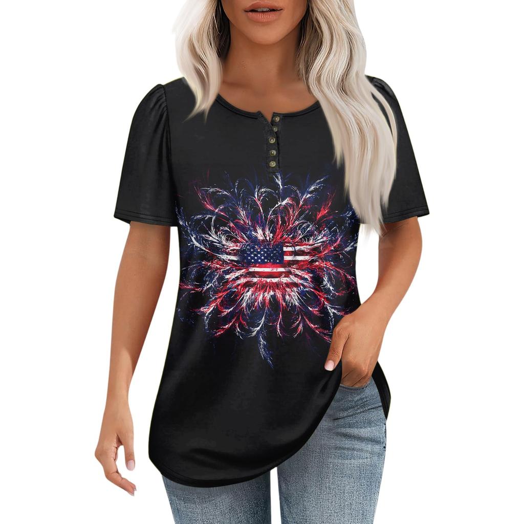 Modisches, lässiges Pullover-Oberteil mit kurzen Ärmeln und Knopfleiste und Rundhalsausschnitt für Damen