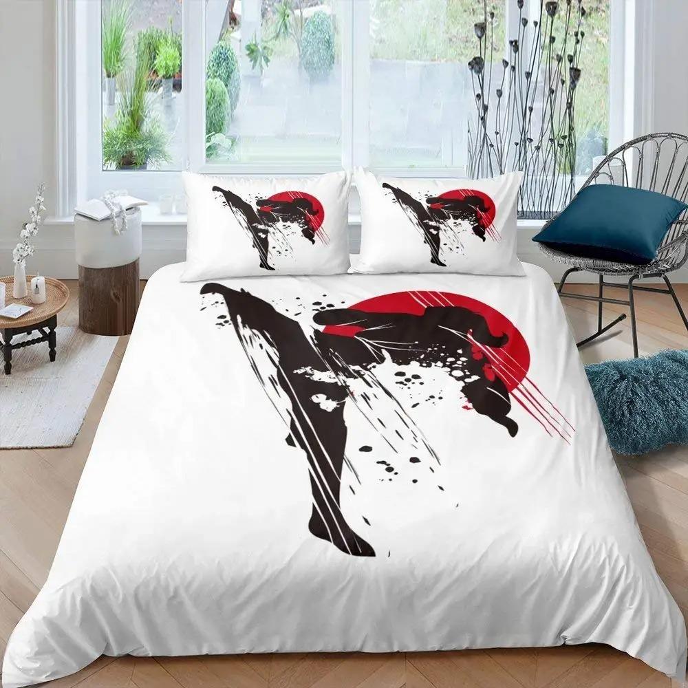 Taekwondo Bettbezug Set King Queen Größe, Chinesische Kampfkunst Kung Fu Bettwäsche Set, Sport Thema Bettdeckenbezug mit 2 Kissenbezügen