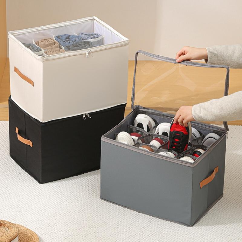 Foldable Fabric Shoe Storage Organizer 12 Grids Clear Lid Zipper Closure Easy Carry Handle for Space Saving Organization