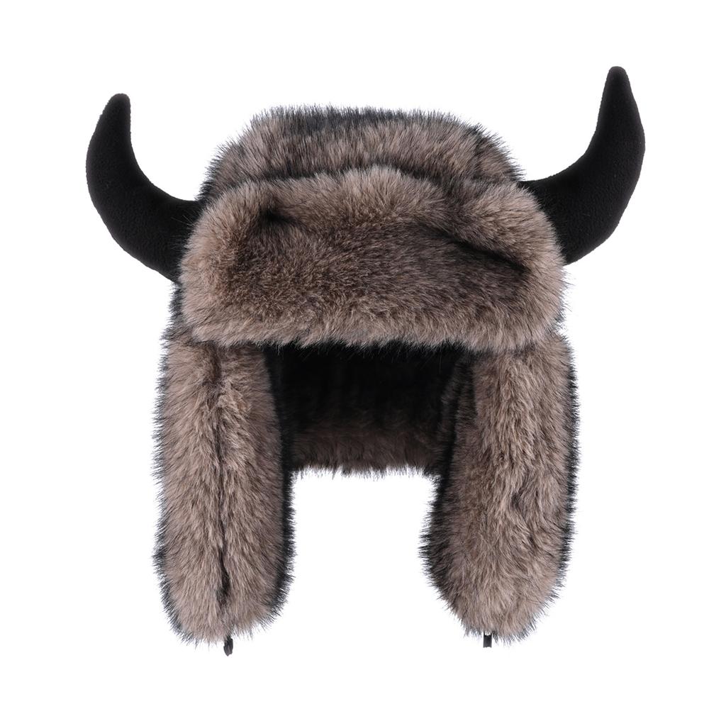 Horn Hat Men's and Women's Winter Imitation Mink Plush Fur Ear Protection Hat Outdoor Cycling Warm Cow Head Hat