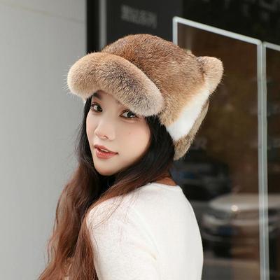 New Style Women Rabbit Fur Cap Brim Cute Ears Hat Girls Winter Warm Real Natural Rabbit Fur Thick Warm Hats