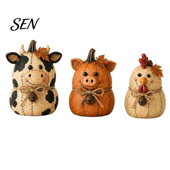 Decorative Animal Statues for Shelves Rustic Farmhouse Felt Ornaments, Cute Cow/Pumpkin/Rooster Figurines, Handmade Animals Vintage Country