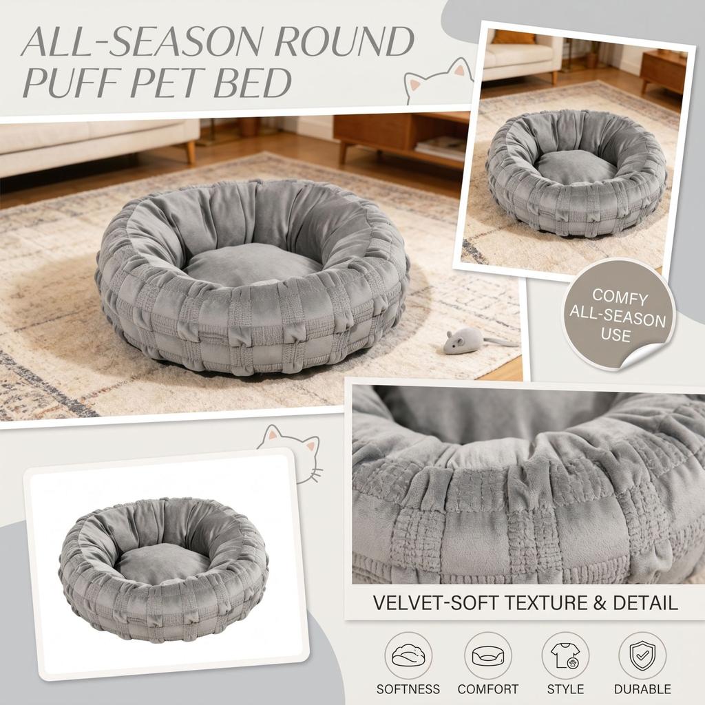 Lit Rond Puff pour Chiens et Chats - Câlin Tout Douillet Animal d'Intérieur