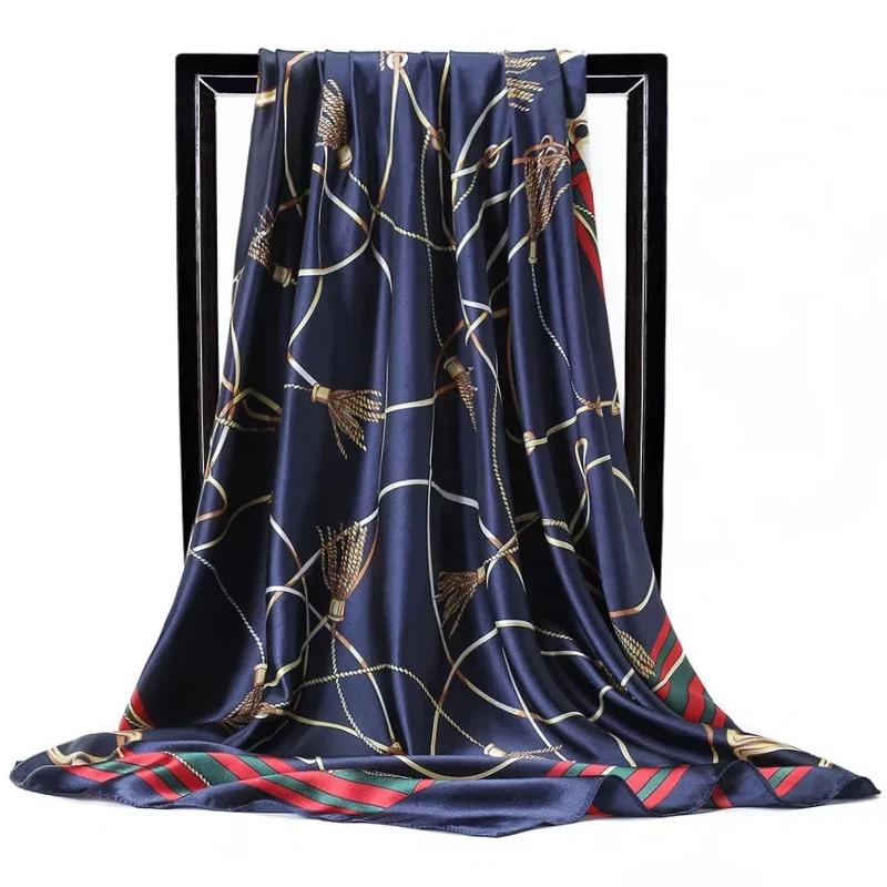 90*90Cm Satin Scarf For Women Cashew Flower Print Chain Scarf Spring And Summer  Style Shawl Scarf For Women   Style