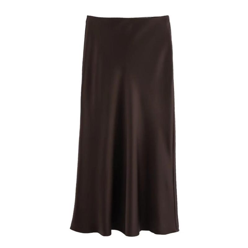 Women s High Waist A Line Midi Skirt Satin Solid Color Casual Elegant Maxi Skirt XS
