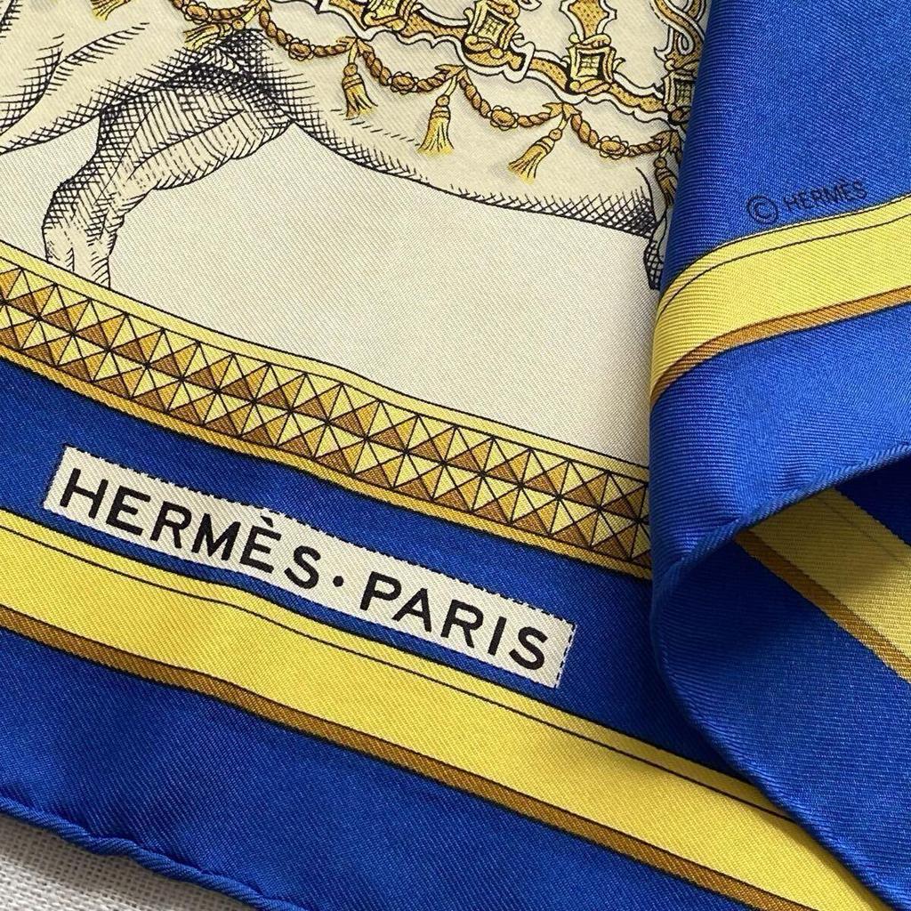 Used HERMES Grand Apparat Hermes Ceremonial Horse Scarf Silk Carr 90 Blue Large Vintage