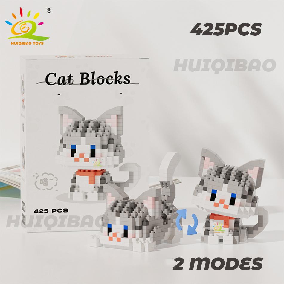 HUIQIBAO Cute Cat Micro Model Building Block Kids Mini Pets City Cartoon Animal Diamond Bricks Educational Toys Children Gift