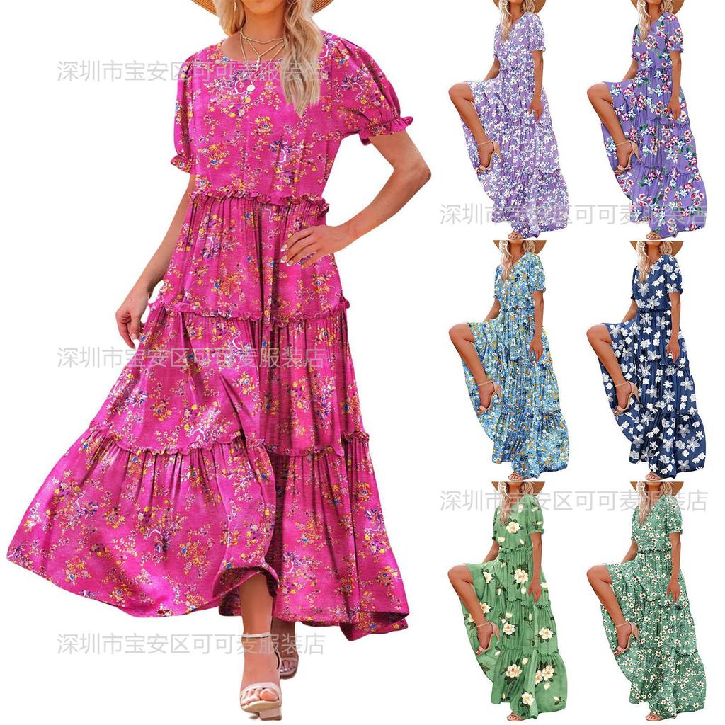 New spring and summer women's clothing bubble sleeves floral fashion and thin pleated long printed dress