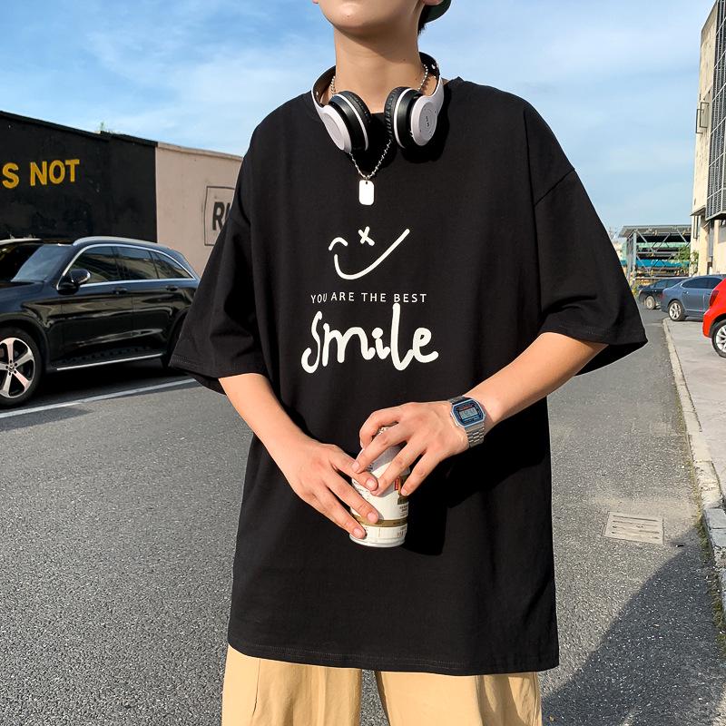 

Трендовая мужская хлопковая футболка с коротким рукавом в гонконгском стиле — повседневная, свободного кроя для студентов