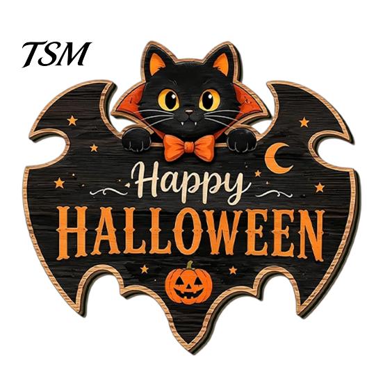 Halloween Door Sign Black Cat Ghost Sign, Decorative Plaque, Wooden Hanging Entrance Ornaments Vintage Rustic Decor with Jute Rope, Seasonal Wall Art
