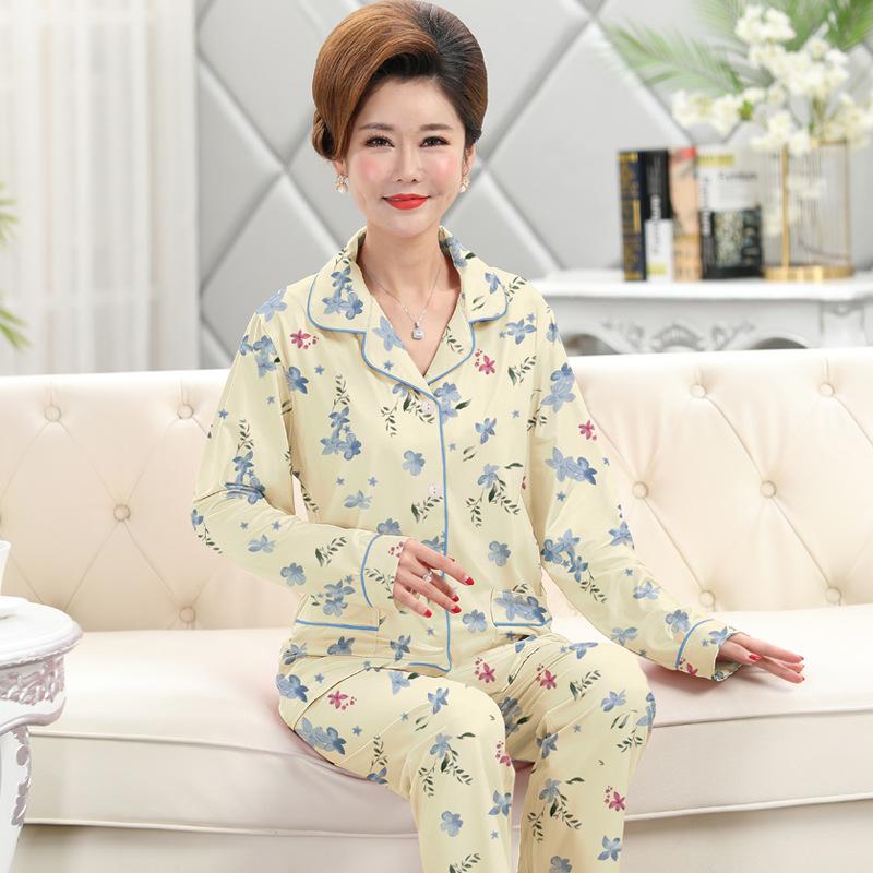 High-end Floral Imitation Cotton Pajamas for Women's Spring and Autumn New Long-sleeved Trousers Large-size Set Medium Loungewear