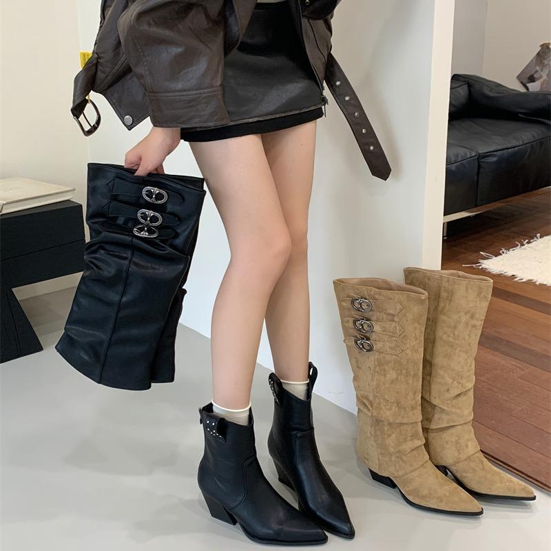 2025 autumn and winter new hardware buckle removable boot cover two wear boots thick heel women's boots