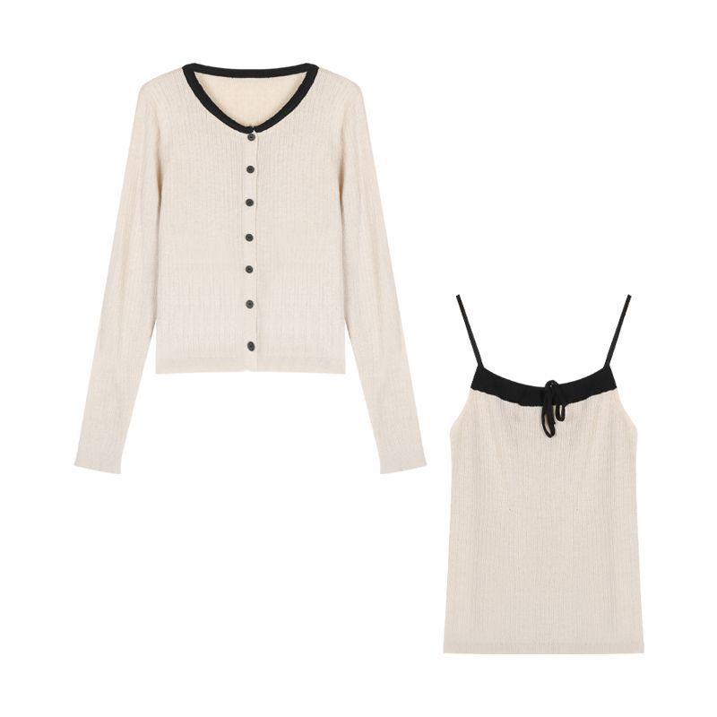 Korean Style Autumn Two-Piece Set: Color Block Cardigan & Tie-Up Camisole Vest