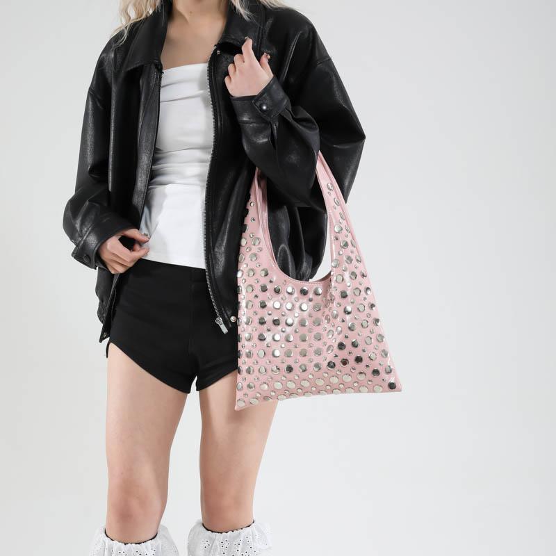 Women Polka Dot Rivet Bag Large Capacity PU Leather Fashion Shoulder Bag Punk Rivet Tote Bag Ladies Travel Bag