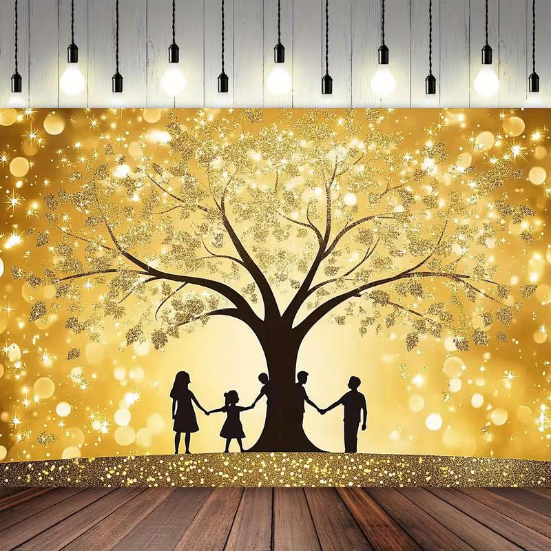 2D Golden Family Tree Tapestry, Silhouette Family Holding Hands Under Sparkly Tree Wall Hanging 47.2x31.5inch/120*80cm