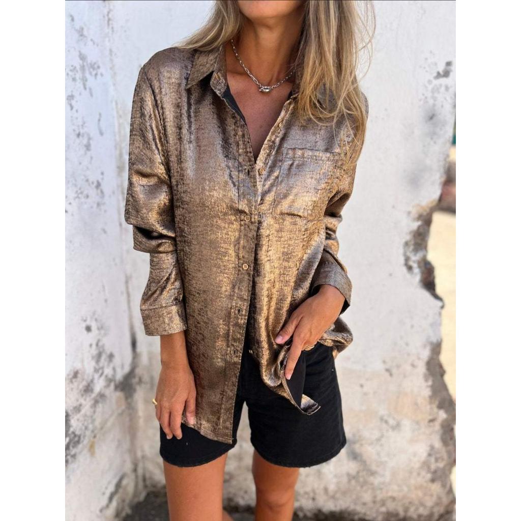 Women's Lapel Collar Long Sleeve Metallic Foil Single Breasted Pocket Loose Casual Shirt Blouse