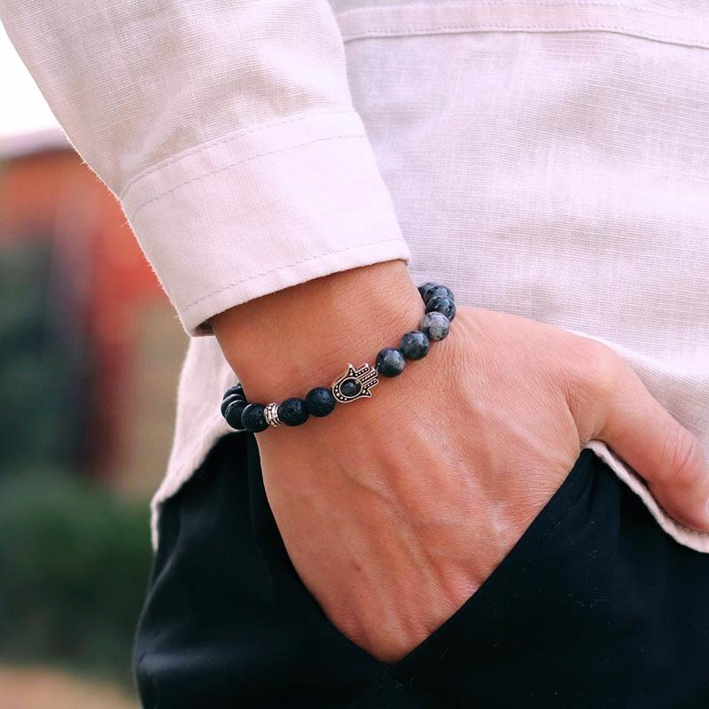 New Men Strand Bracelet Classic Fatima Braclet Natural Volcanic Rock Braslet Meditation Tibetan Brazalete Armband Herren Pulsera