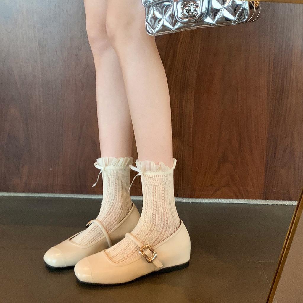 Grape Mother Has the Same Leather Square Head and Shallow Mouth with Flat Bottom Inner Height Increase Mary Jane Shoes Women's Single Shoes Cowhide V