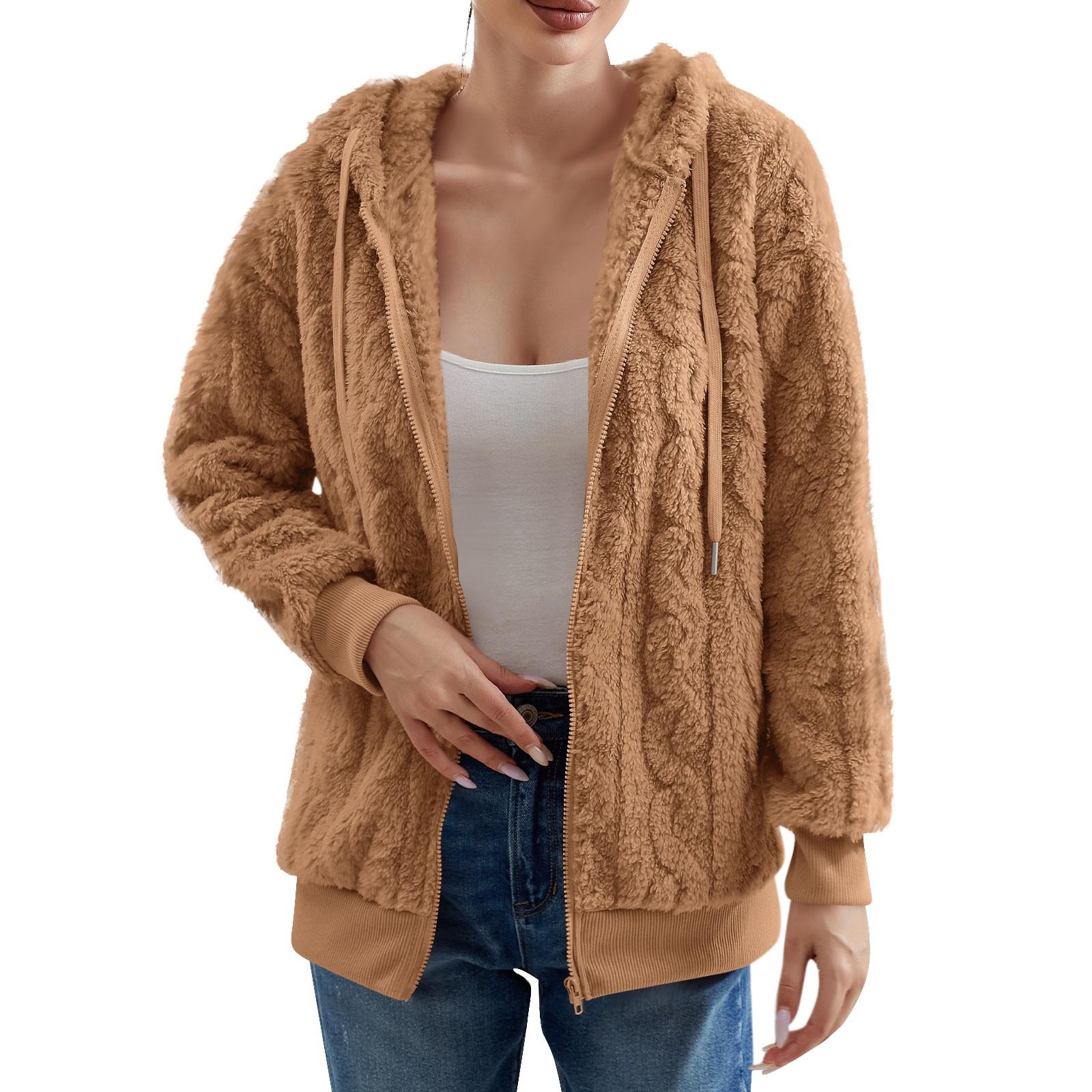 Женская мода с длинным рукавом сплошной цвет карман плюшевый кардиган с капюшоном — фото 3