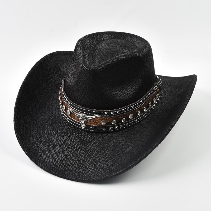 Fashion Cow Head Decorate Western Cowboy Hat Faux Leather Vintage Gentleman Jazz Hats for Men Panama Cowgirl Hat