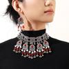 Retro Exotic Style Necklace and Earrings Jewelry Set with Multiple Oval Bead Strands