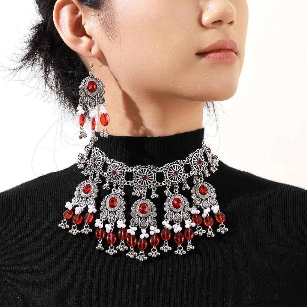 Retro Exotic Style Necklace and Earrings Jewelry Set with Multiple Oval Bead Strands