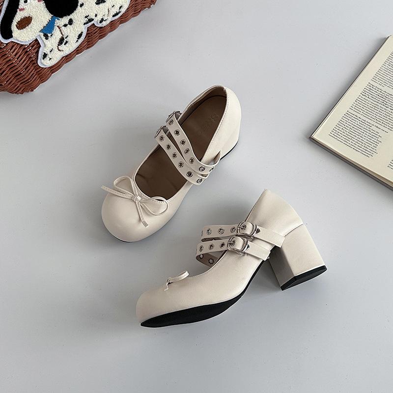 

Design sense retro bow high heel Mary Jane shoes women s summer fashion casual double buckle with ballet shoes single shoes 40 бежевый