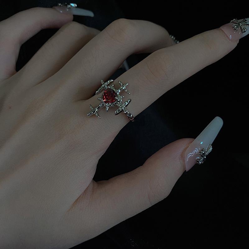 Gothic Red Crystal Cross Geometry Open Rings for Women Y2k Punk Creative Grunge Jewelry Accessories Gift
