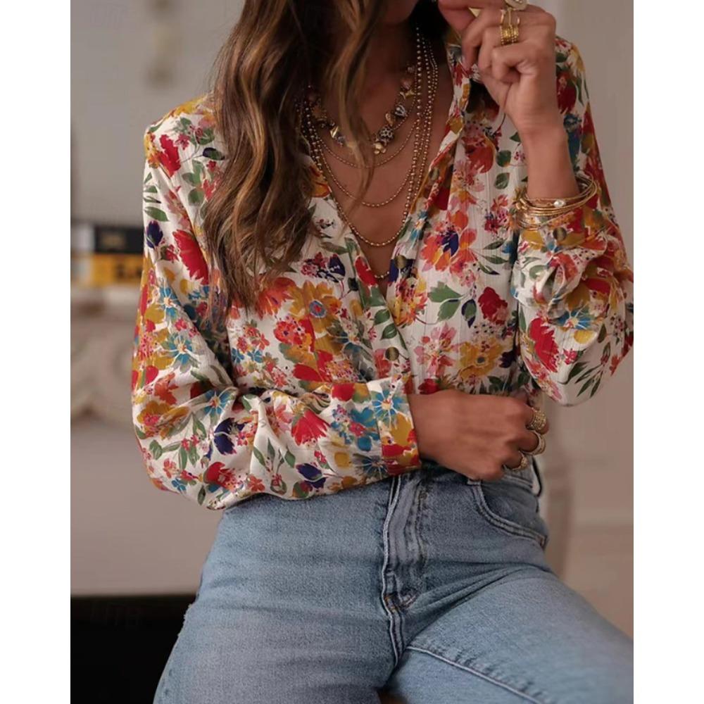 Blumenmuster Damenbluse Frühling Herbst Femme Büro Dame Knopfleiste Umlegekragen Hemden