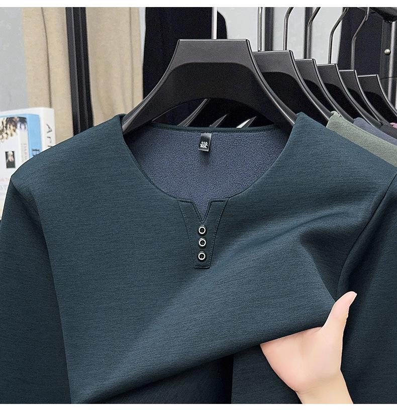 2025 Men's V-Neck Long Sleeve Plus Velvet Thickened T-shirt - Autumn/Winter, Youth Plus Size, Solid Color Base Layer